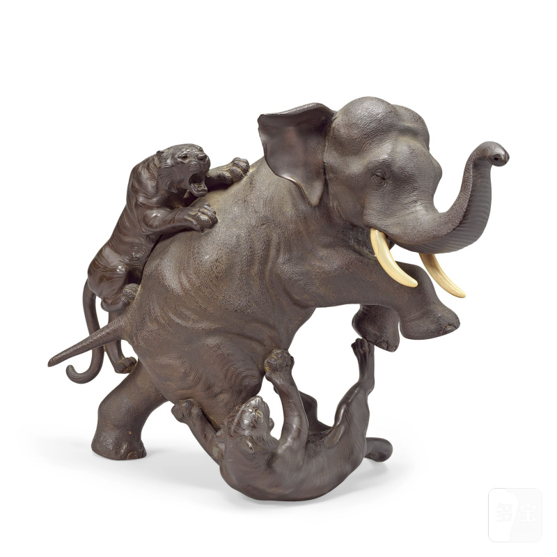 源龍斎誠谷 明治時代 銅象虎置物 | A BRONZE 'ELEPHANT AND TIGER' GROUP - 图5